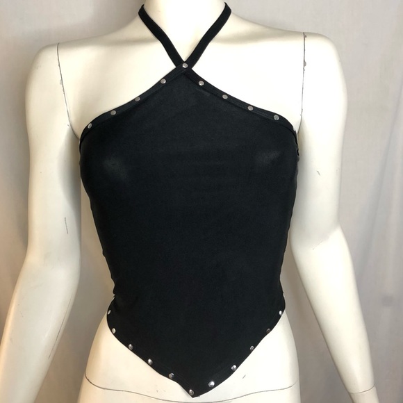 Urban Behavior Tops - Vintage woman’s black triangle halter top with silver flat studs size XS